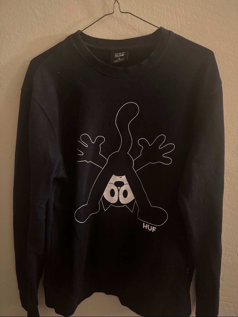 HUF Black Crewneck Sweater with White Cat Graphic